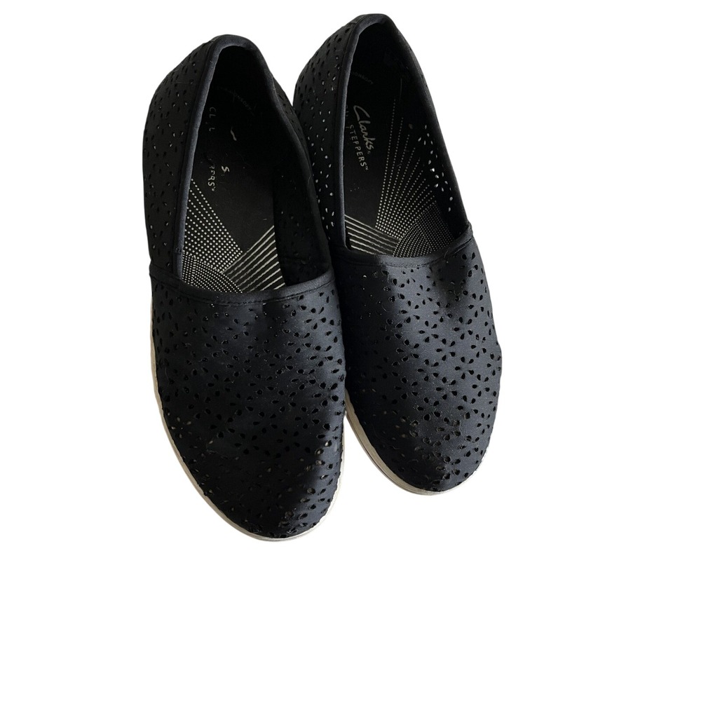 Clarks Cloudsteppers Black Laser Cut Perforated Slip On Walking Shoes Womens